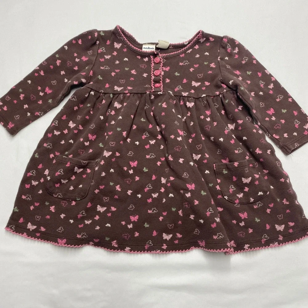 OshKosh Bgosh Baby Girls Brown Pink Butterfly Long Sleeve Cotton Dress 12M